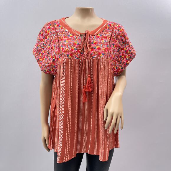 Savanna Jane Tops - Savanna Jane Top Women M Orange Colorful Floral Embroidered Yoke Blouse Boho